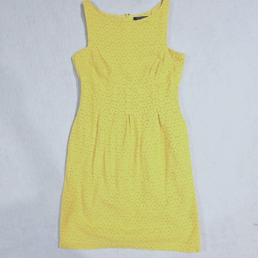 Lauren Ralph Lauren Fit & Flare Dress Yellow Eyelet Lace Sleeveless Mini Size 6